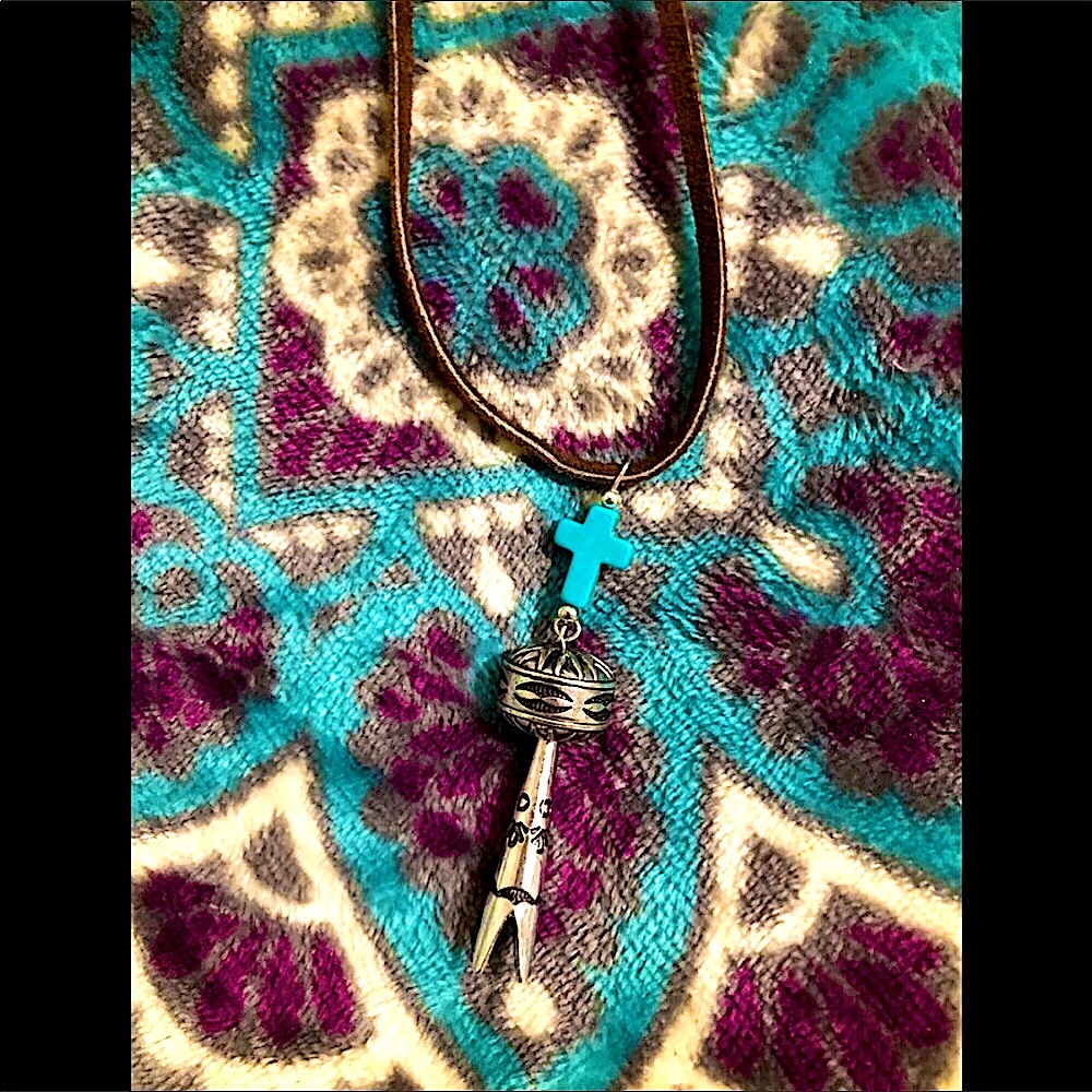 TURQUOISE CROSS SILVER SQUASH BLOSSOM LONG BROWN LEATHER NECKLACE TIE AS DESIRED - Picture 7 of 8